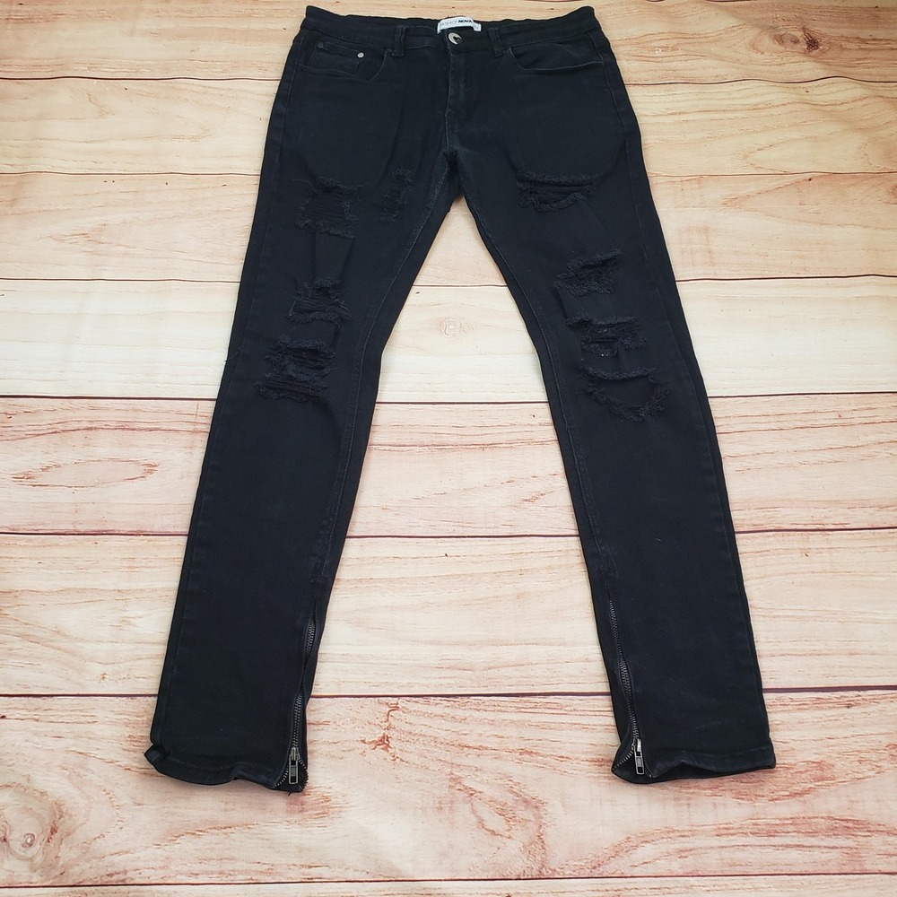 Fashion Nova Jeans Mens 32 Black Distressed Skinny Zipper‎ Ankle Stretch Denim